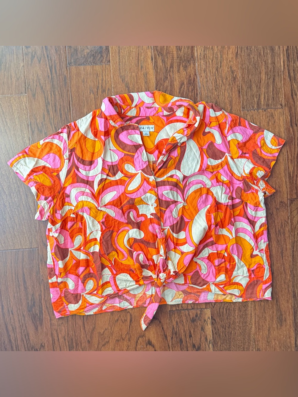 Ava & Viv Pink Orange White Retro Tie-Front Crop Top Size 2X